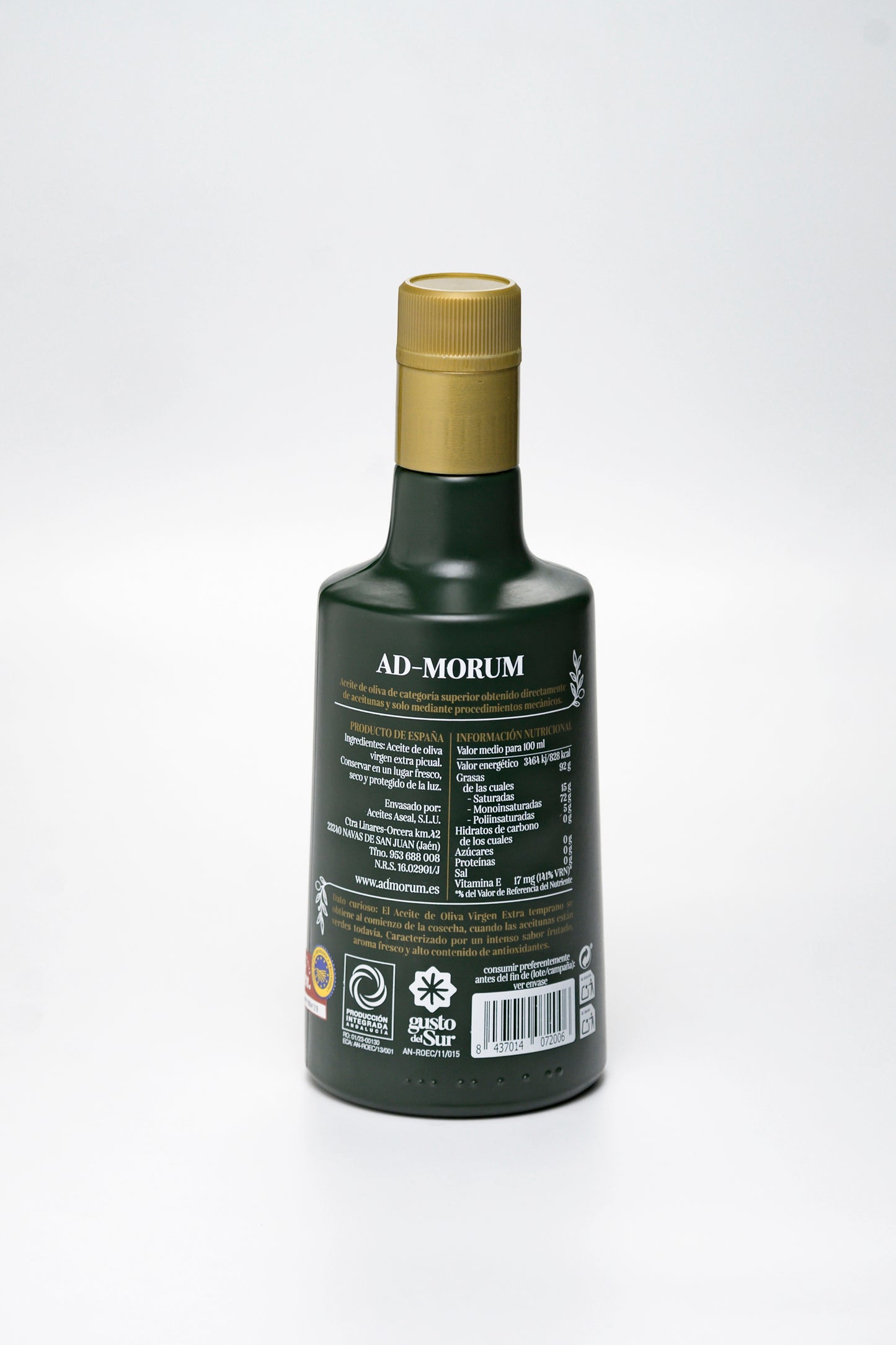 Parte trasera de botella de aceite de oliva virgen extra Temprano Ad-Morum (AOVE temprano).