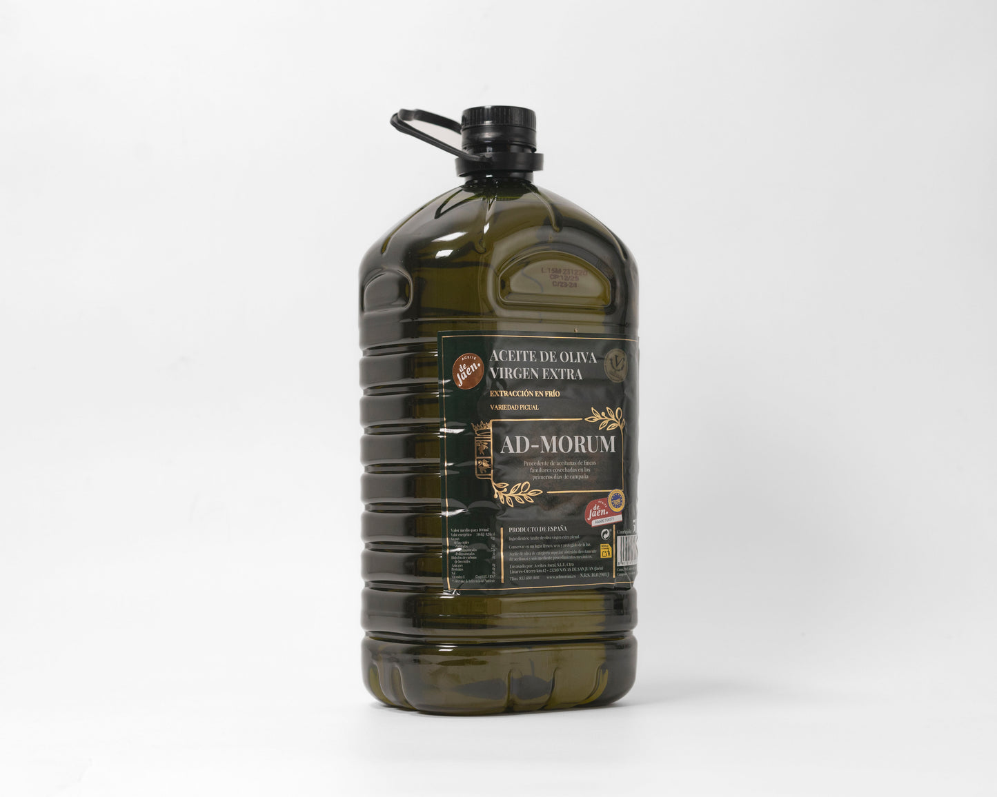 Garrafa aceite de oliva virgen extra Ad-Morum (AOVE) con otra visión lateral.