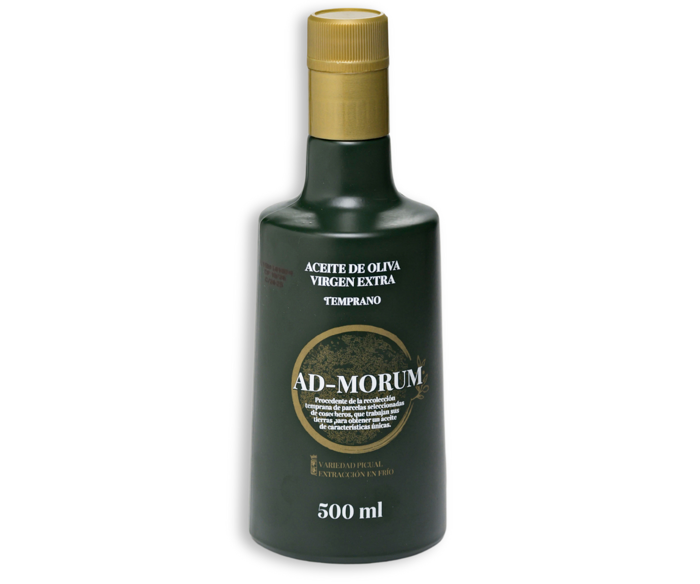 Frontal de botella de aceite de oliva virgen extra Temprano Ad-Morum (AOVE temprano).