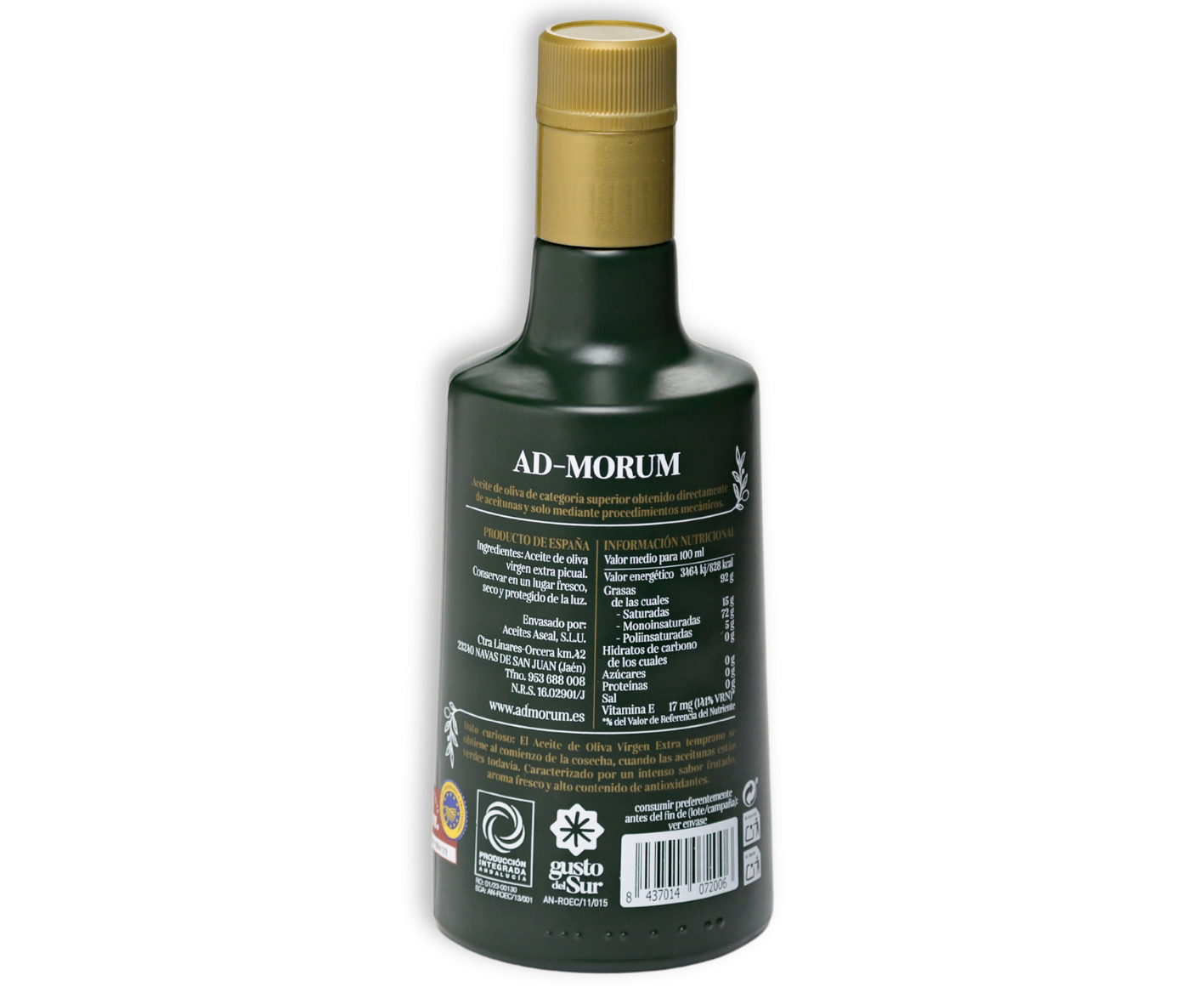 Parte trasera de botella de aceite de oliva virgen extra Temprano Ad-Morum (AOVE temprano).