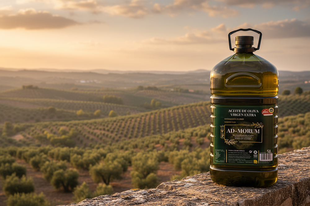 Imagen de garrafa Ad-Morum con fondo de campos en Jaén