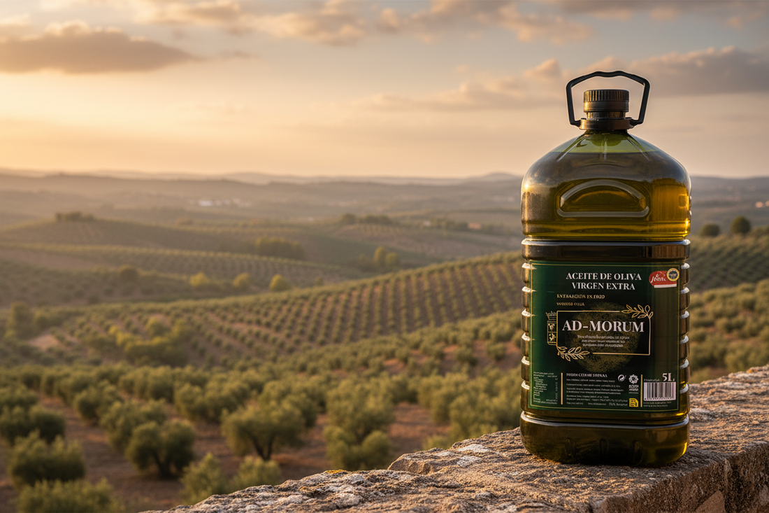 Imagen de garrafa Ad-Morum con fondo de campos en Jaén