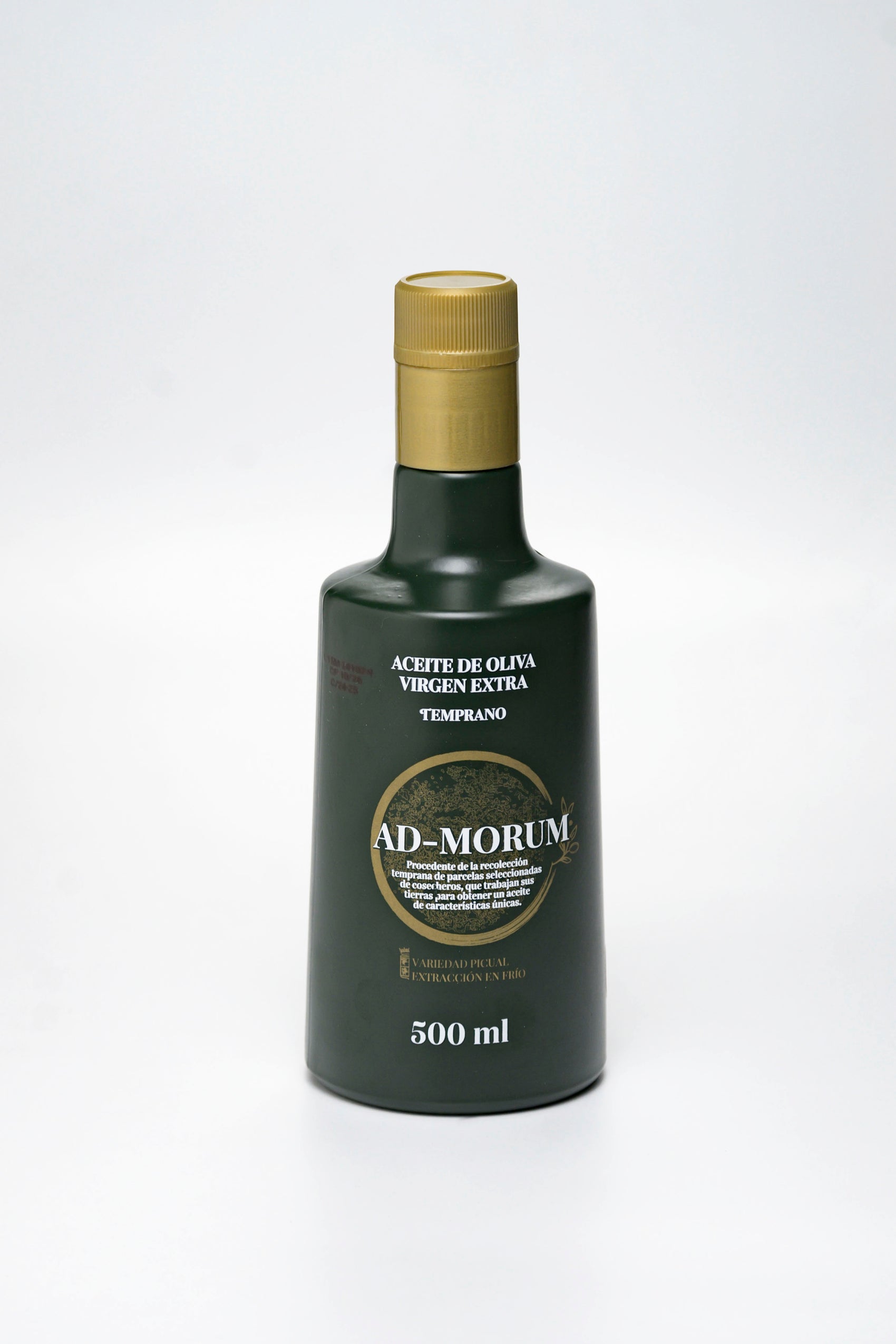 Frontal de botella de aceite de oliva virgen extra Temprano Ad-Morum (AOVE temprano).