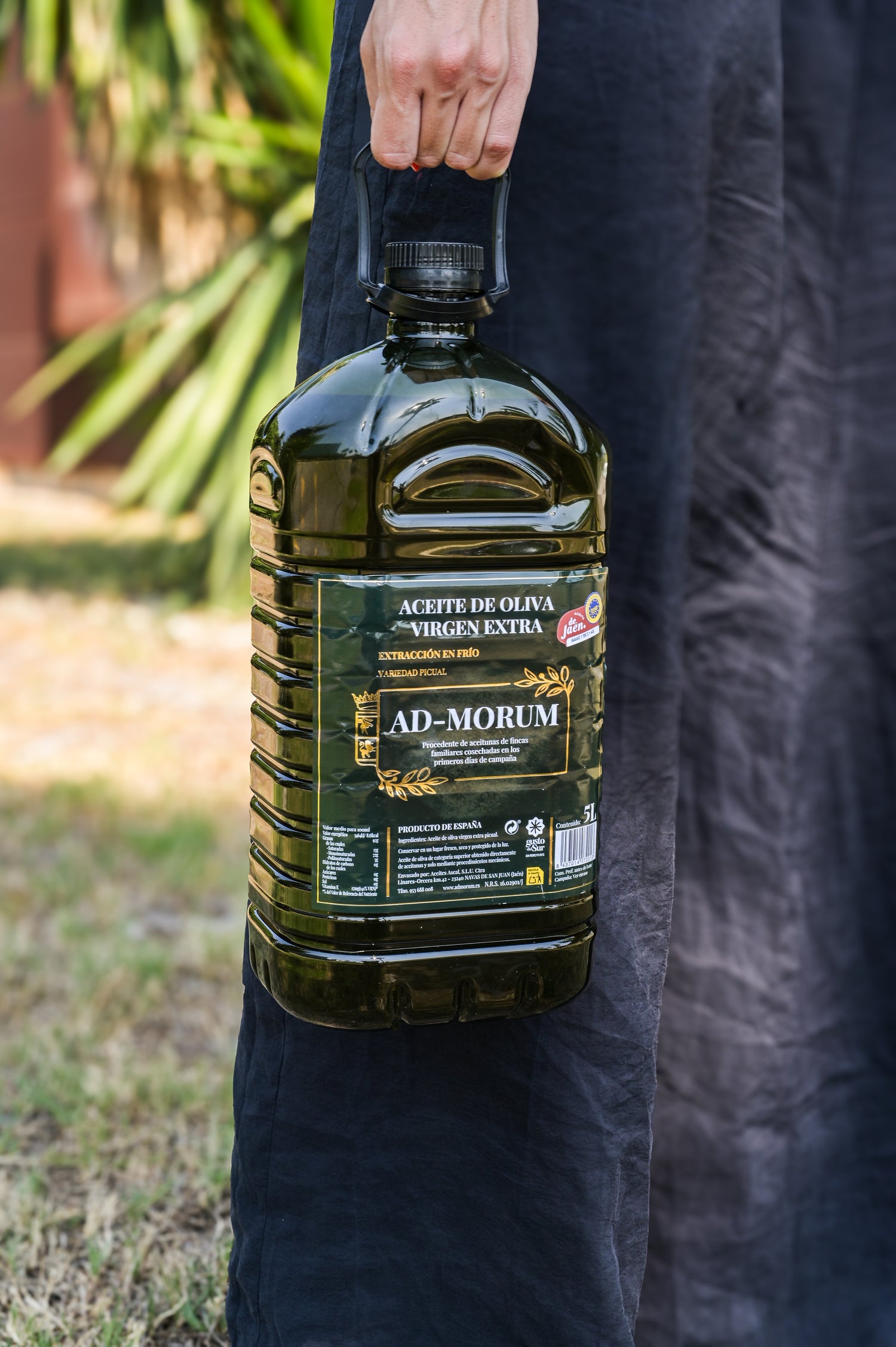 Garrafa aceite de oliva virgen extra Ad-Morum (AOVE) en un ambiente exterior.