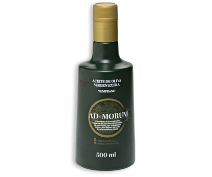 Frontal de botella de aceite de oliva virgen extra Temprano Ad-Morum (AOVE temprano).