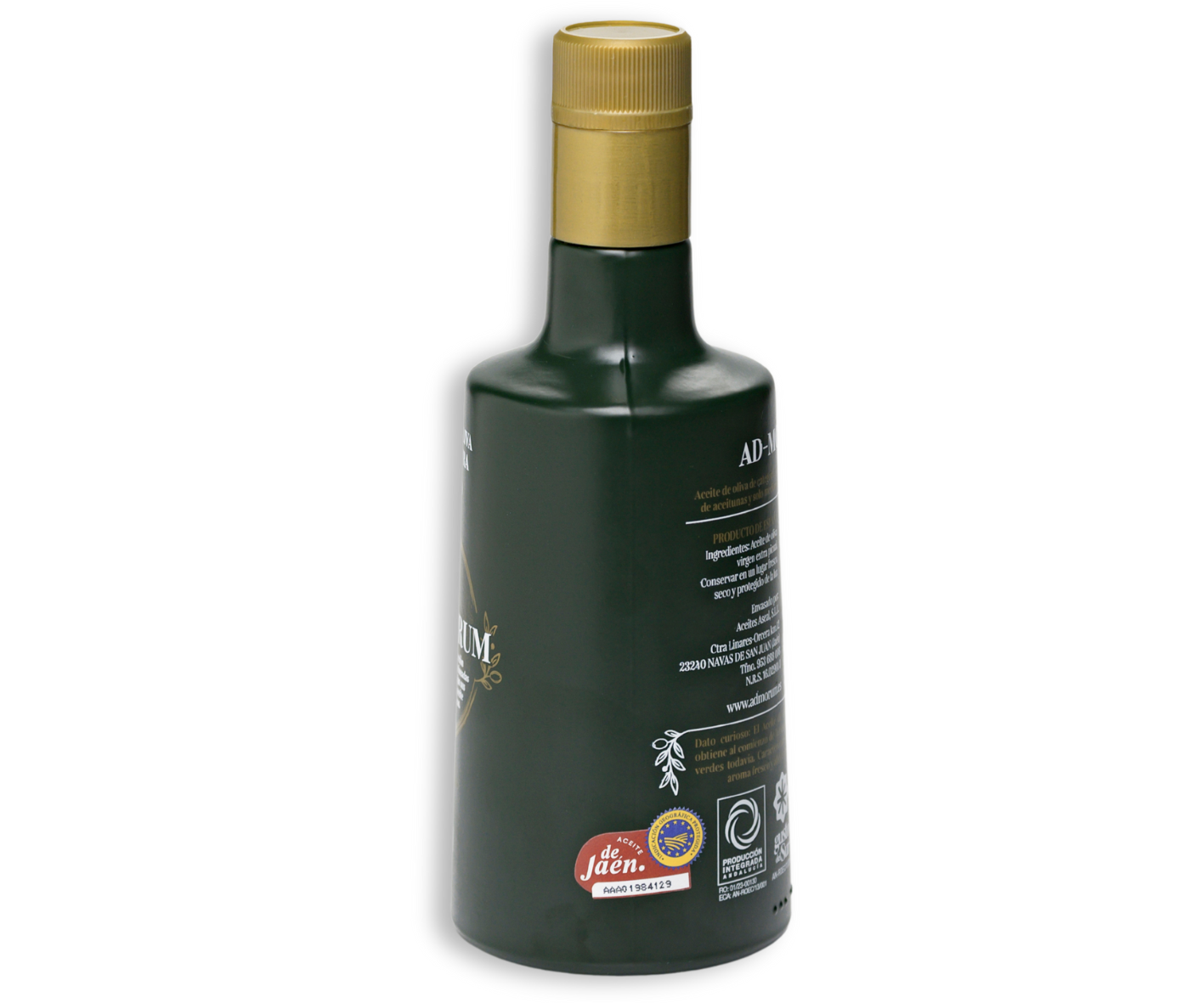 Lateral derecho de botella de aceite de oliva virgen extra Temprano Ad-Morum (AOVE temprano).