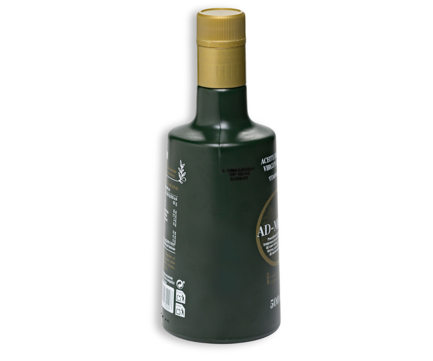 Lateral izquierdo de botella de aceite de oliva virgen extra Temprano Ad-Morum (AOVE temprano).