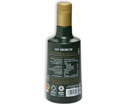 Parte trasera de botella de aceite de oliva virgen extra Temprano Ad-Morum (AOVE temprano).