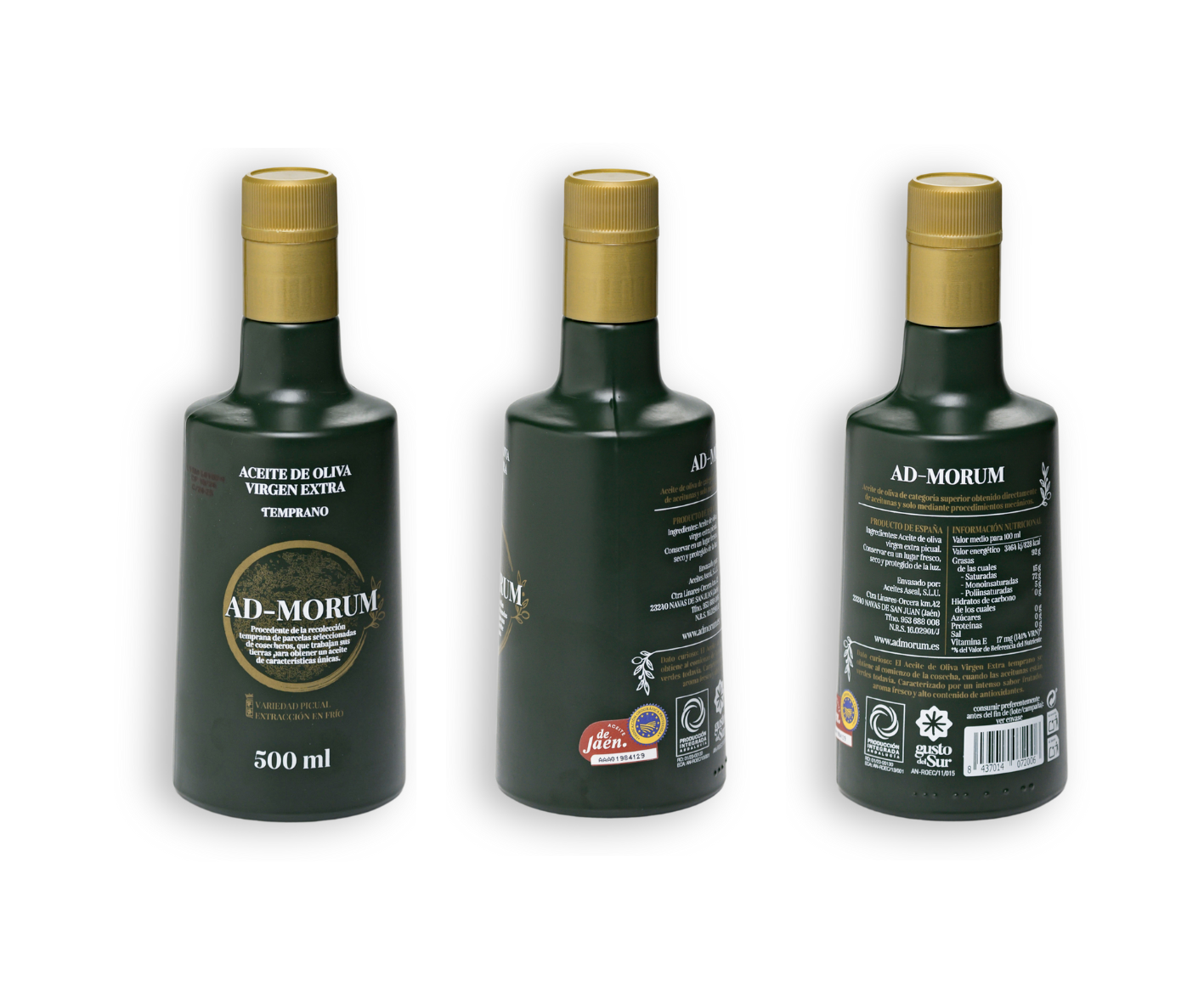 Pack de 3 botellas de aceite de oliva virgen extra Temprano Ad-Morum (AOVE temprano).