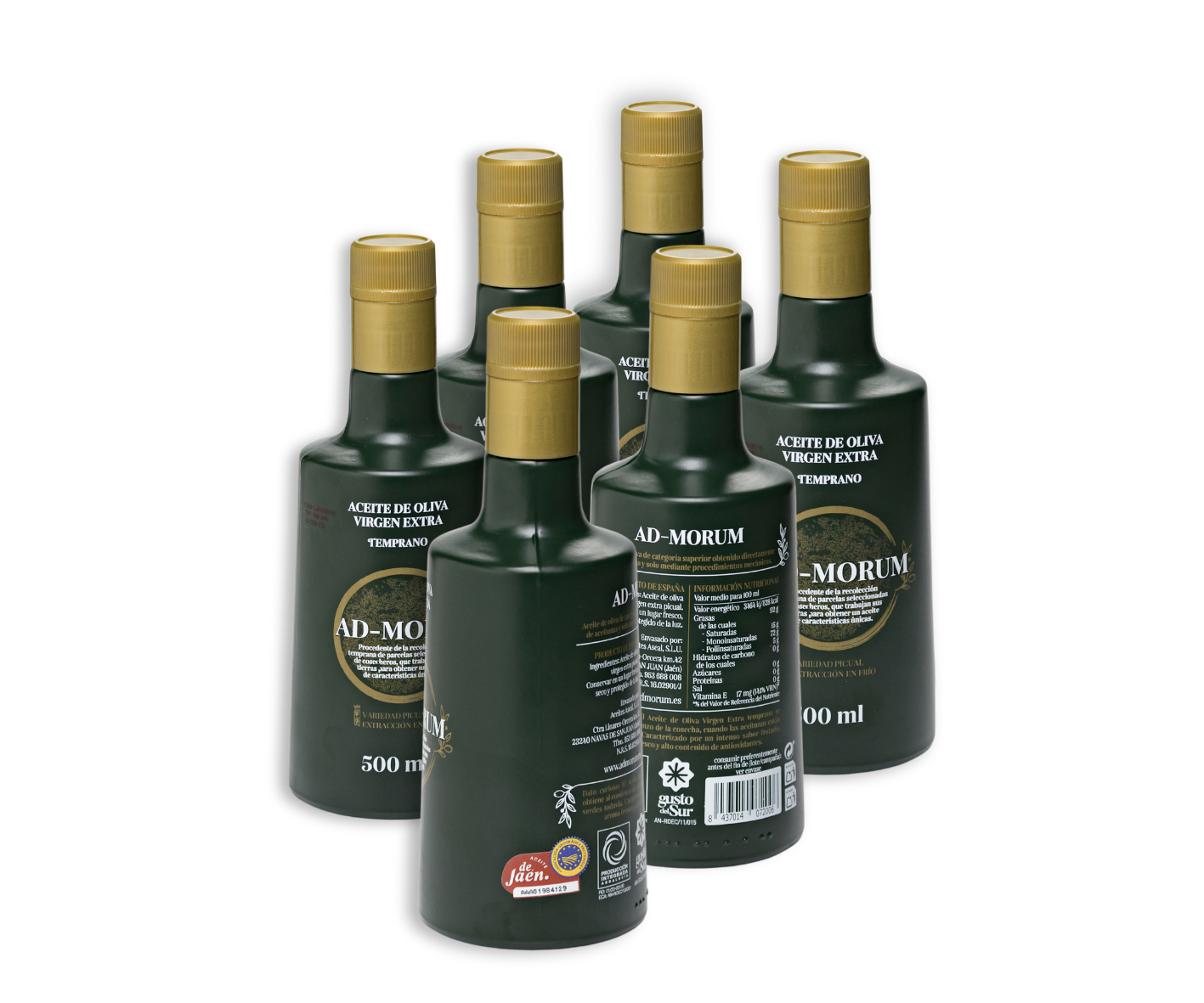 Pack de 6 botellas de aceite de oliva virgen extra Temprano Ad-Morum (AOVE temprano).